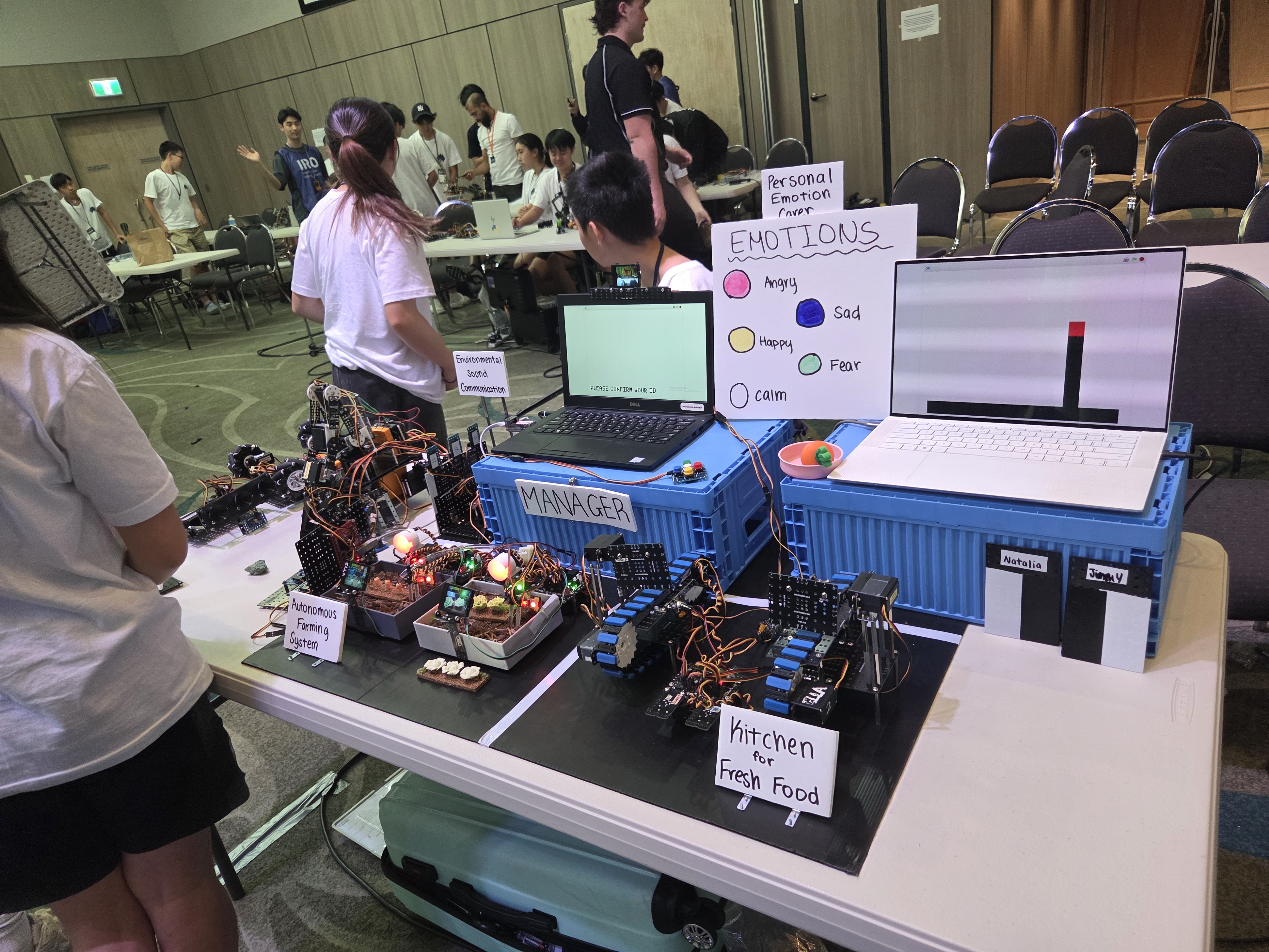 Students working together around classroom tables.